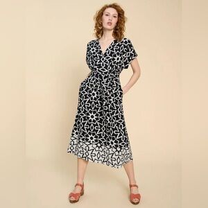 White Stuff Sophie Geometric Print Linen Blend Midi Wrap Dress, Size 8